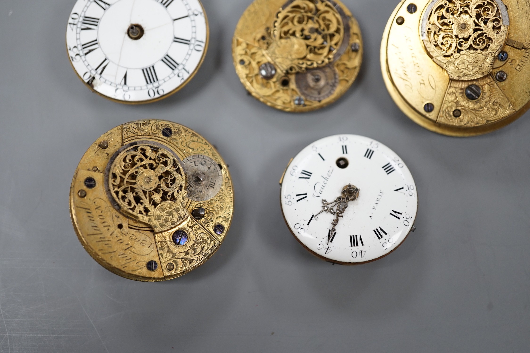 Five assorted 19th century pocket watch movements/accessories including English by Smart of London and French by Vaucher of Paris.